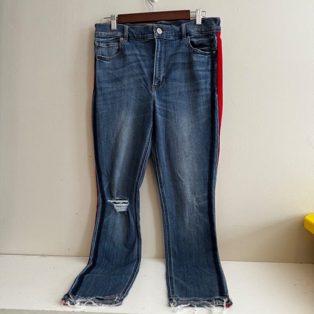 Express Womens Sz 12L Blue Red Stripe High Rise Ankle Legging Jeans Fall Basics
